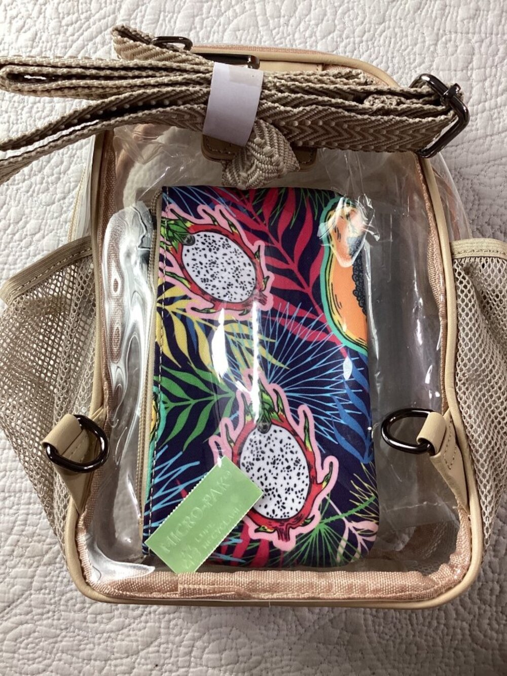 Clear Mini Backpack With Beige Trim & Tropical Print Pouch Set*NWOB